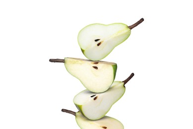 Image of Cut fresh ripe pears on white background