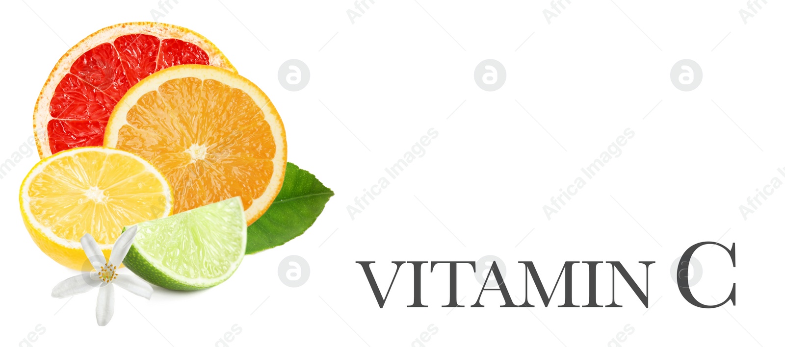 Image of Source of Vitamin C. Different citrus fruits with leaves on white background