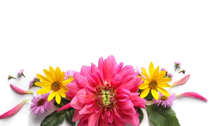 Photo of Flat lay composition with beautiful dahlia flowers and space for text on white background