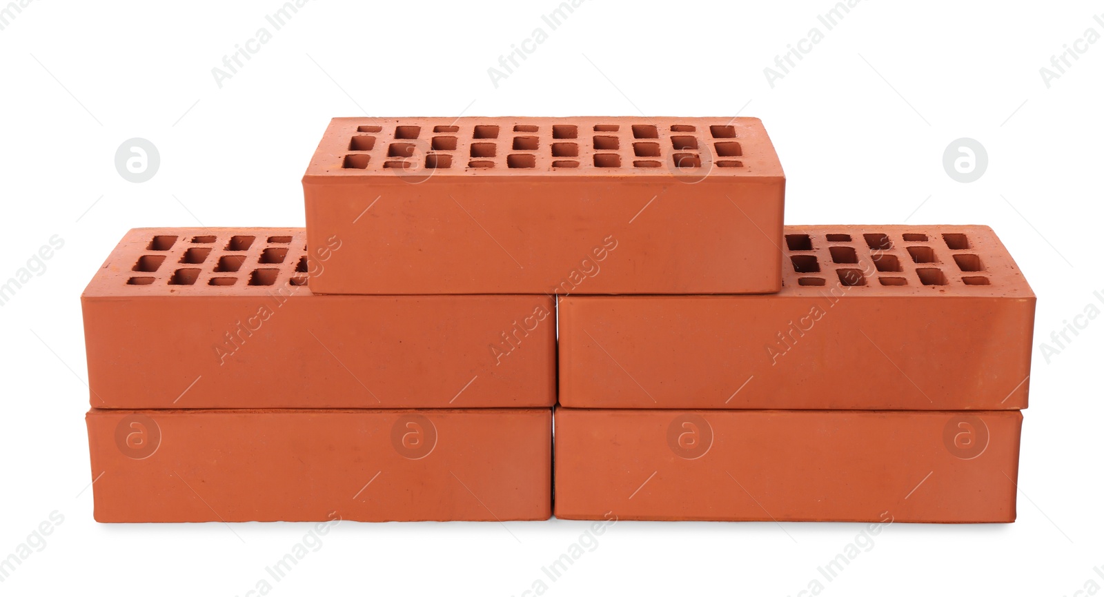 Photo of Many red bricks on white background. Building material