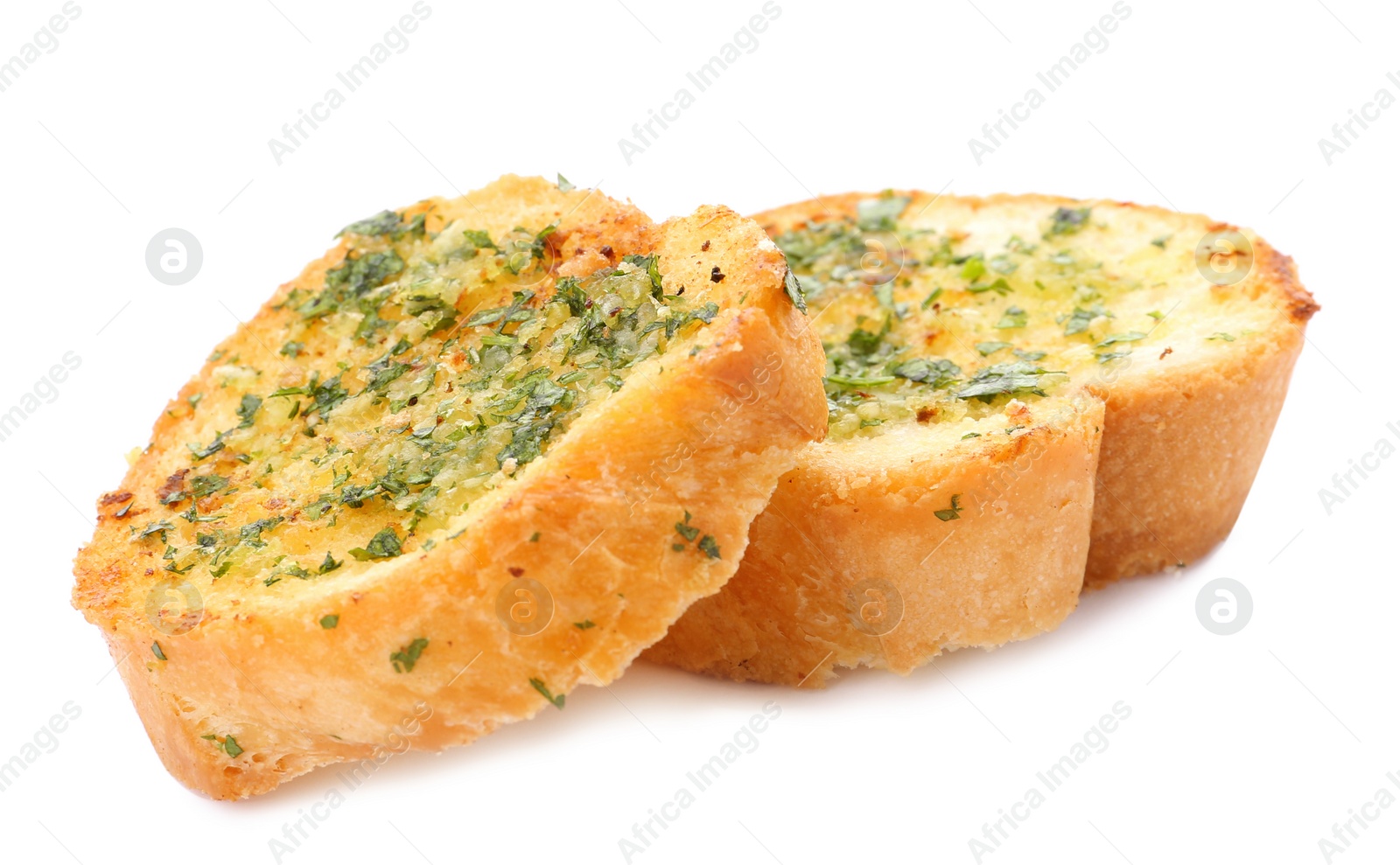 Photo of Slices of toasted bread with garlic, cheese and herbs on white background