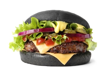 Photo of Tasty unusual black burger isolated on white