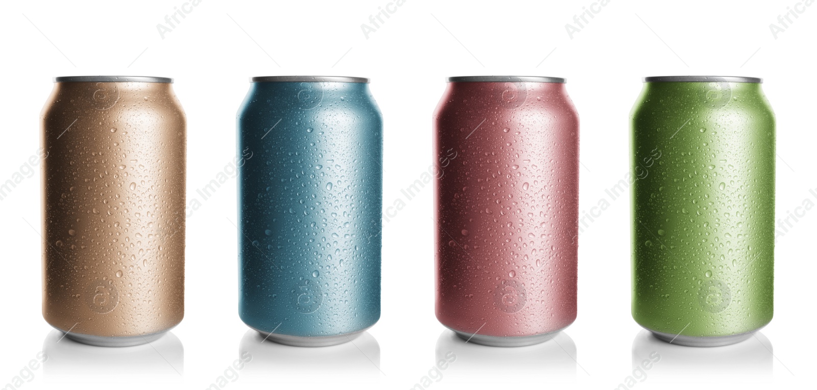 Image of Set with different colorful aluminium cans of beverage on white background. Banner design