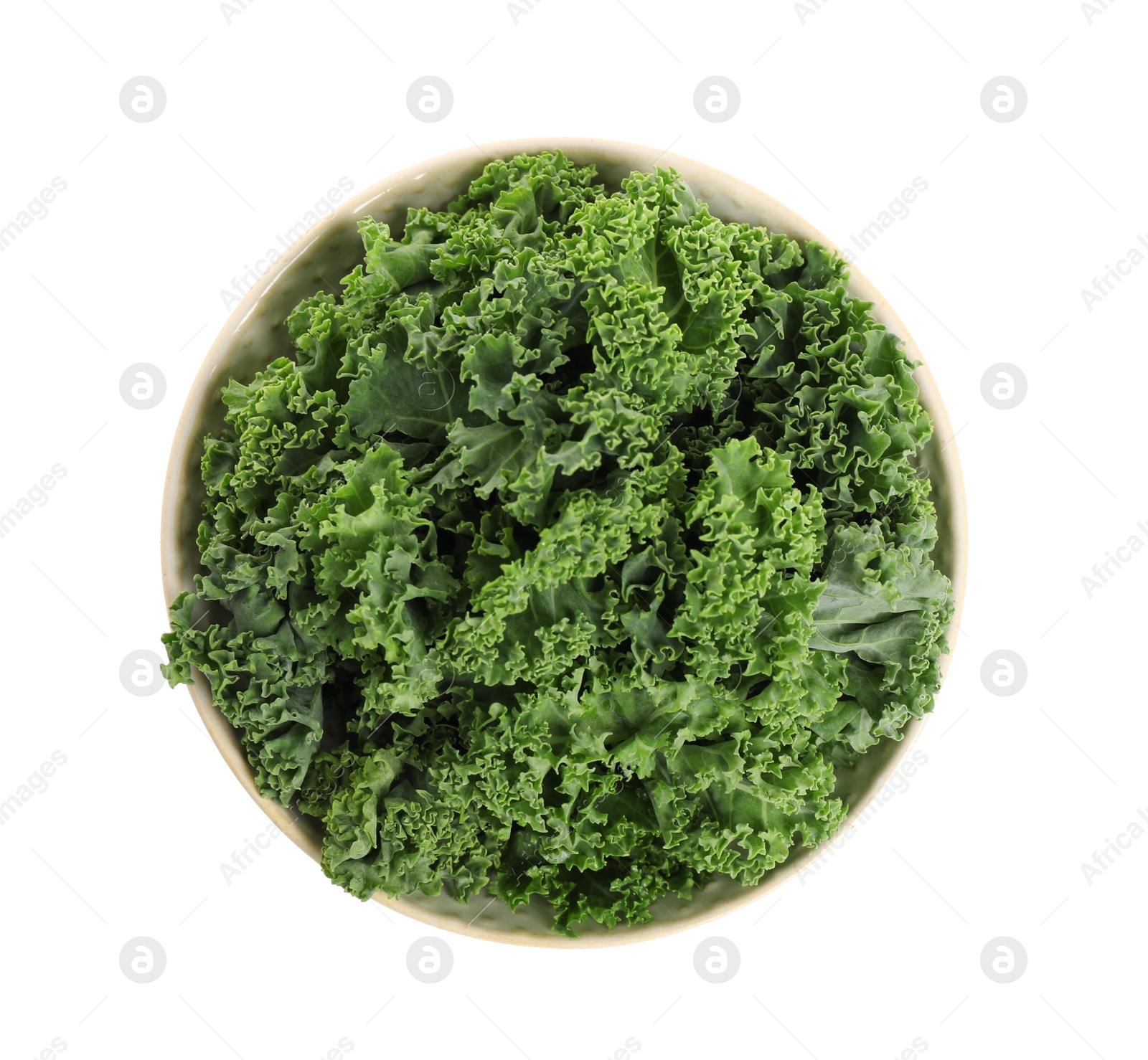 Photo of Fresh green kale leaves isolated on white, top view