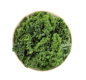 Fresh green kale leaves isolated on white, top view