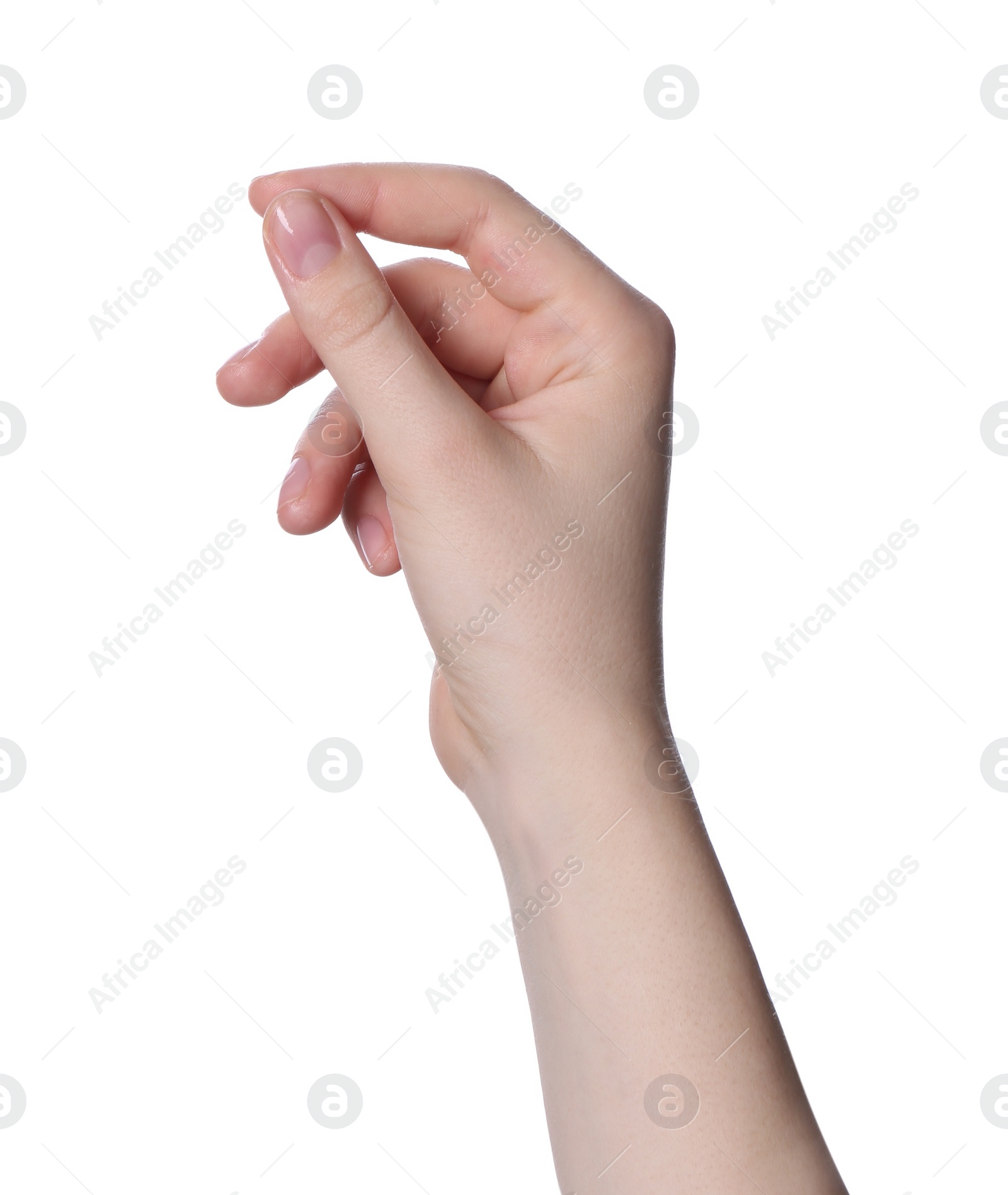 Photo of Woman holding something against white background, closeup