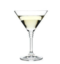 Photo of Glass of classic martini cocktail on white background