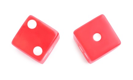 Two red game dices isolated on white, top view