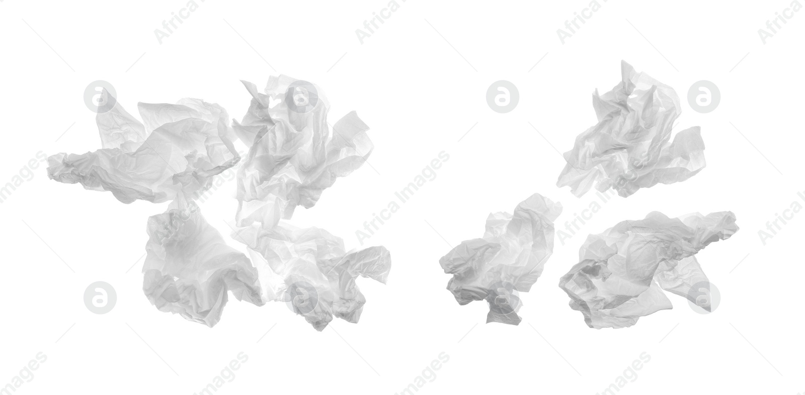 Image of Set with used crumpled paper tissues on white background. Banner design