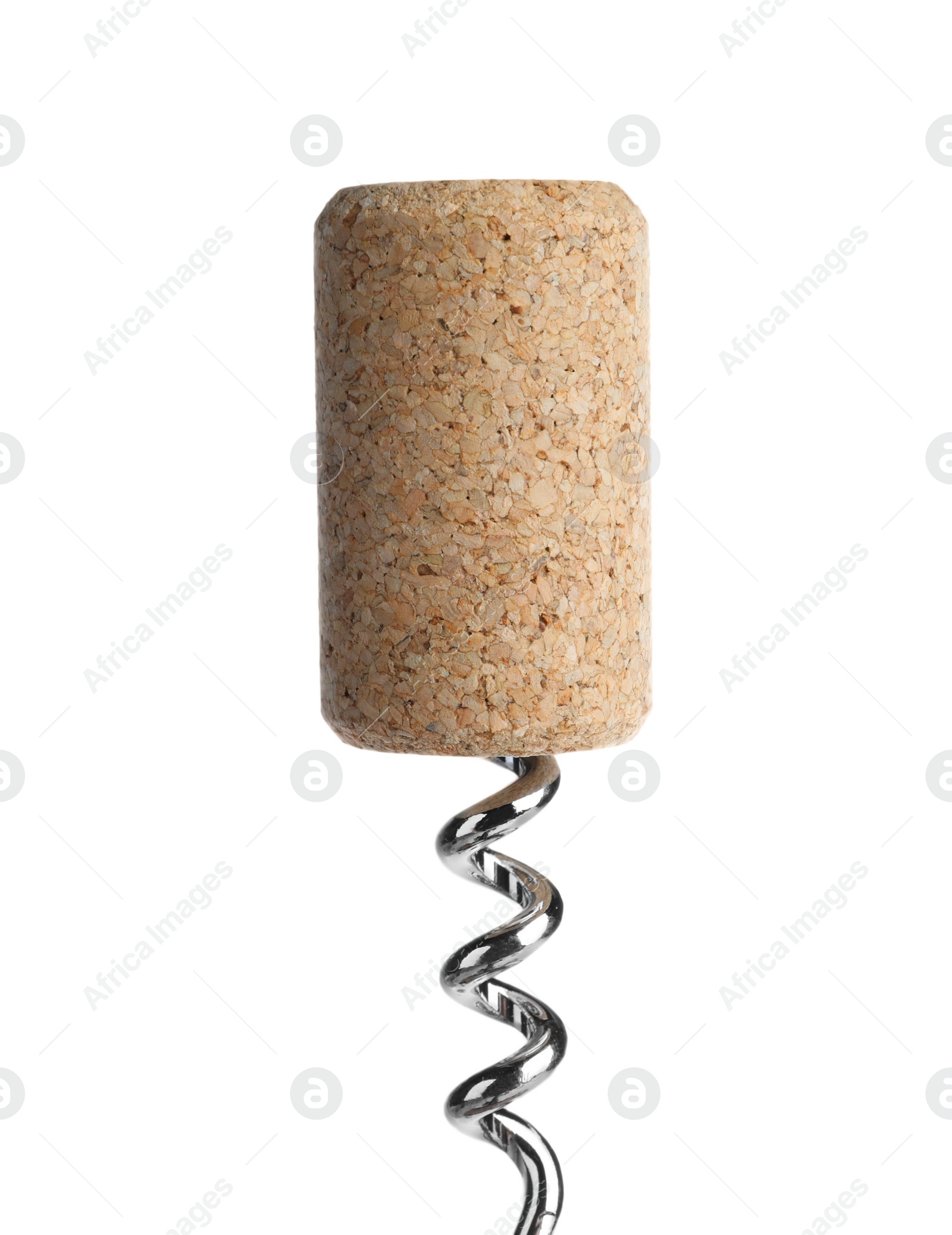 Photo of Corkscrew with wine cork on isolated background. Domestic tool