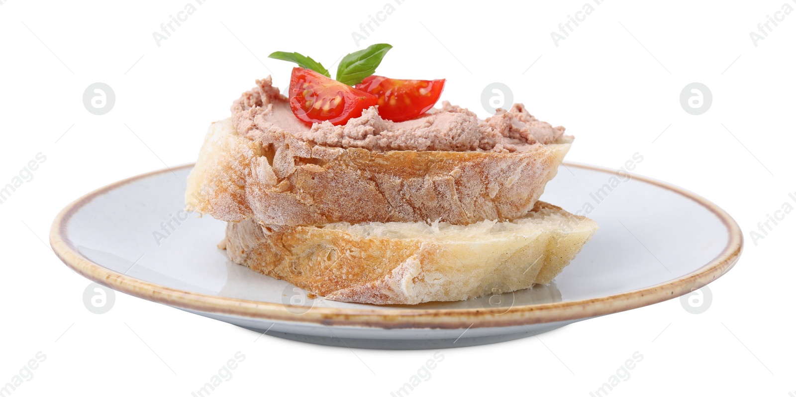 Photo of Plate with delicious liverwurst sandwich on white background