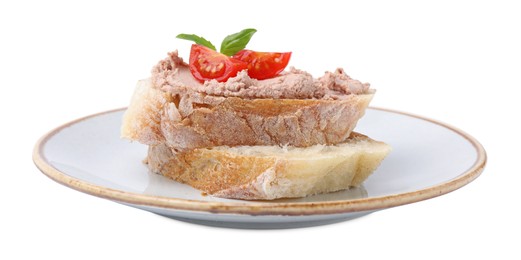 Photo of Plate with delicious liverwurst sandwich on white background