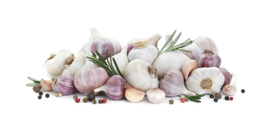 Fresh garlic, peppercorns and rosemary isolated on white