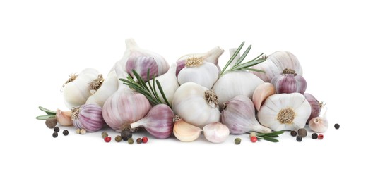 Photo of Fresh garlic, peppercorns and rosemary isolated on white