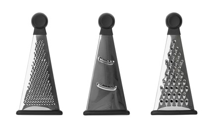 Image of Stainless steel graters on white background, collage 