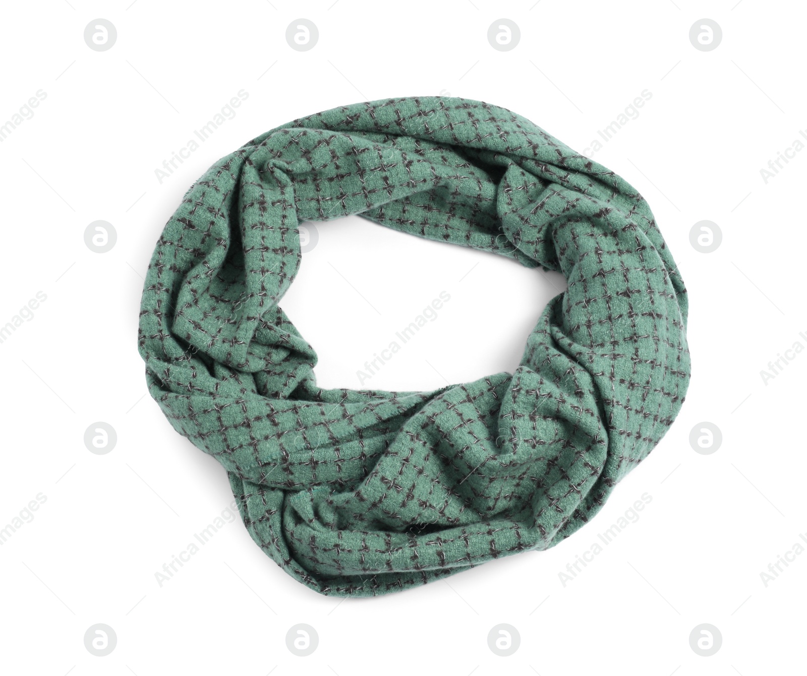 Photo of One beautiful green scarf on white background, above view