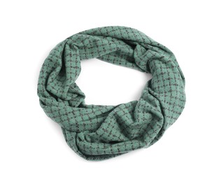 One beautiful green scarf on white background, above view