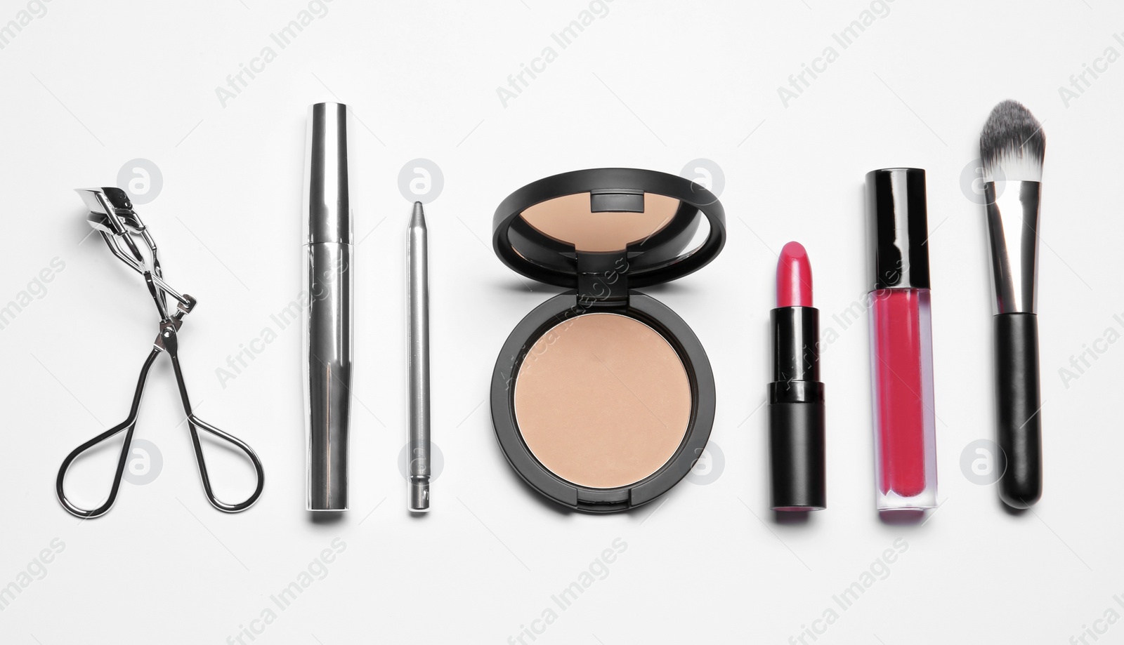 Photo of Set of makeup products on white background, top view
