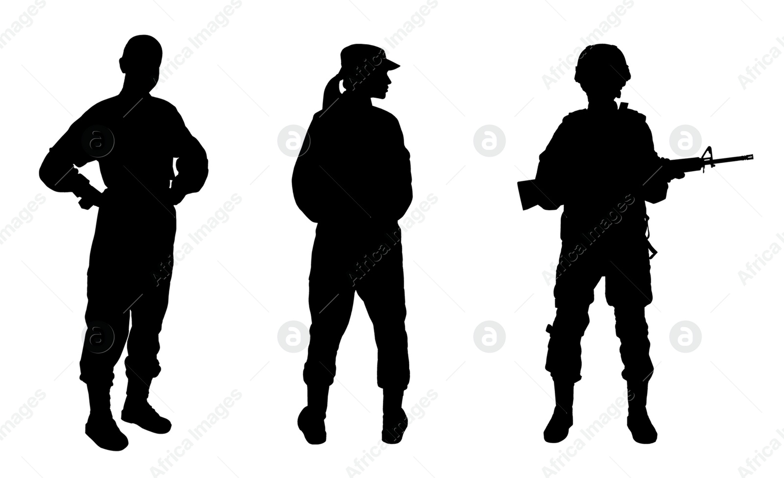 Image of Collage with silhouettes of soldiers on white background. Military service