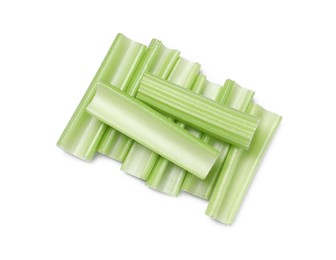 Fresh cut celery stalks isolated on white, top view