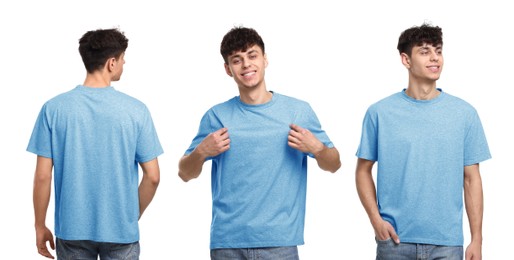 Image of Collage with photos of man in light blue t-shirt on white background, back and front views. Mockup for design