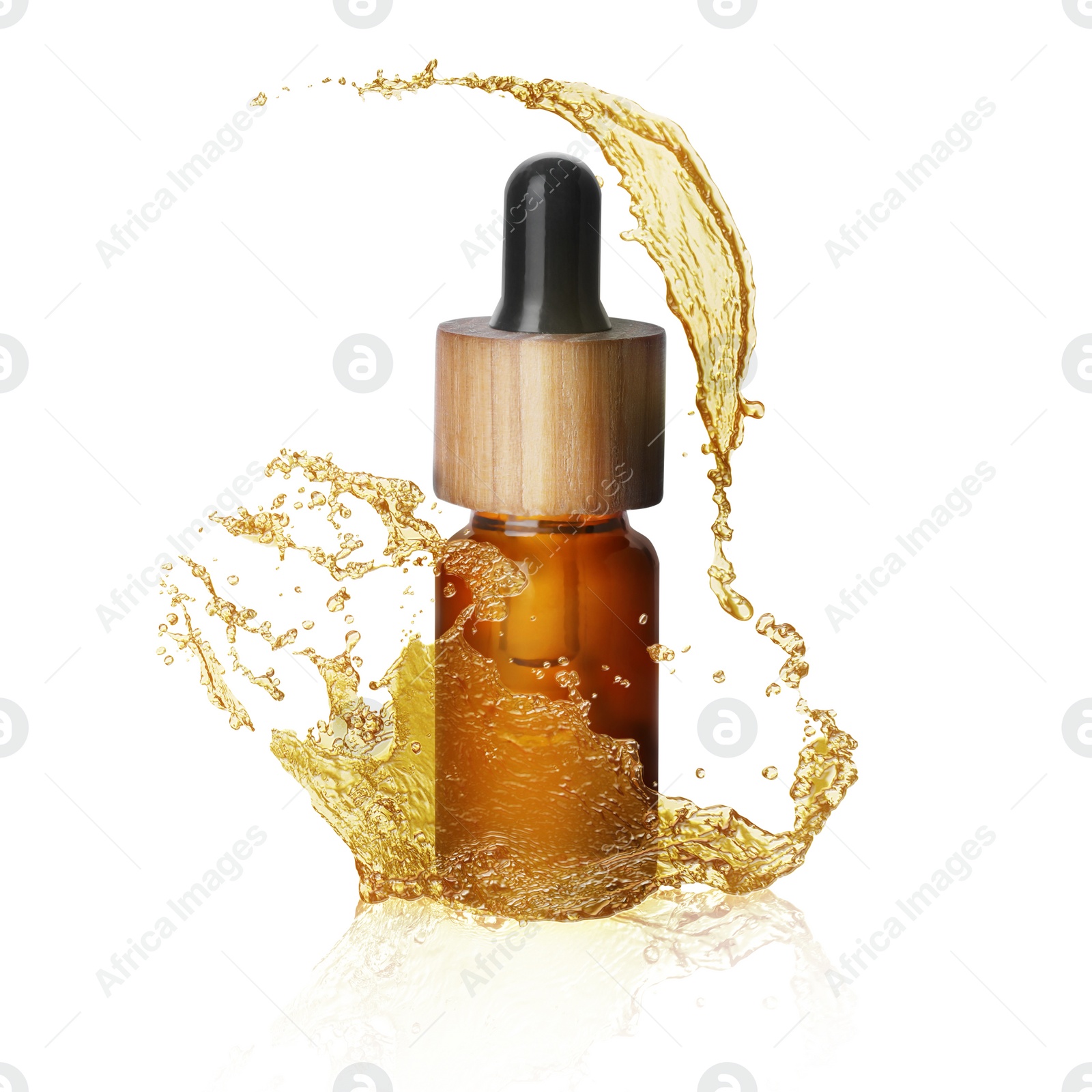 Image of Bottle of cosmetic product with essential oil and splashes around on white background