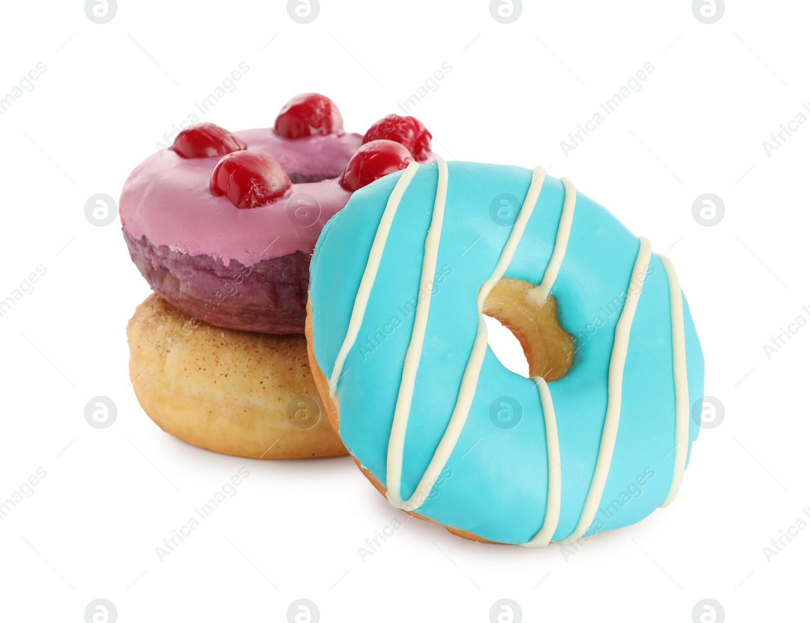 Photo of Sweet tasty glazed donuts on white background