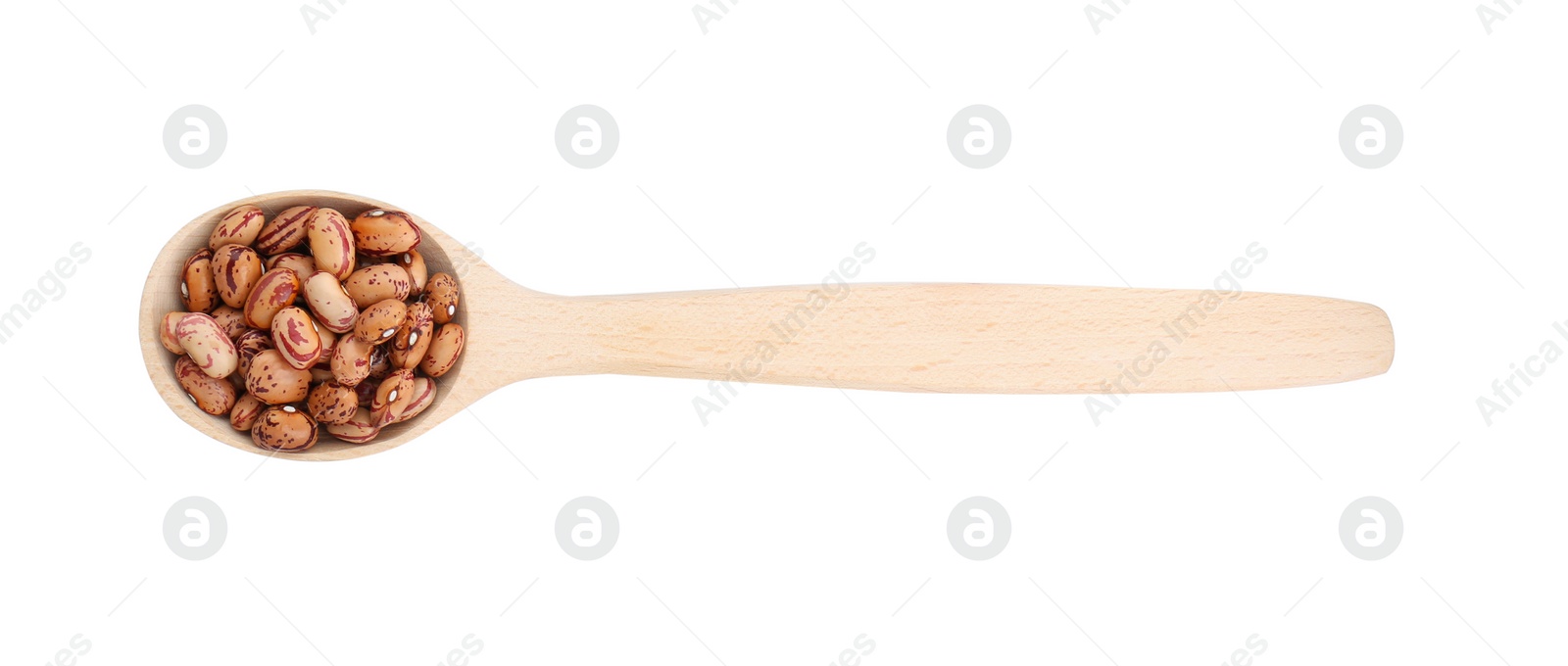 Photo of Wooden spoon with dry kidney beans isolated on white, top view