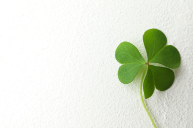 Photo of Clover leaf on white table, top view with space for text. St. Patrick's Day symbol