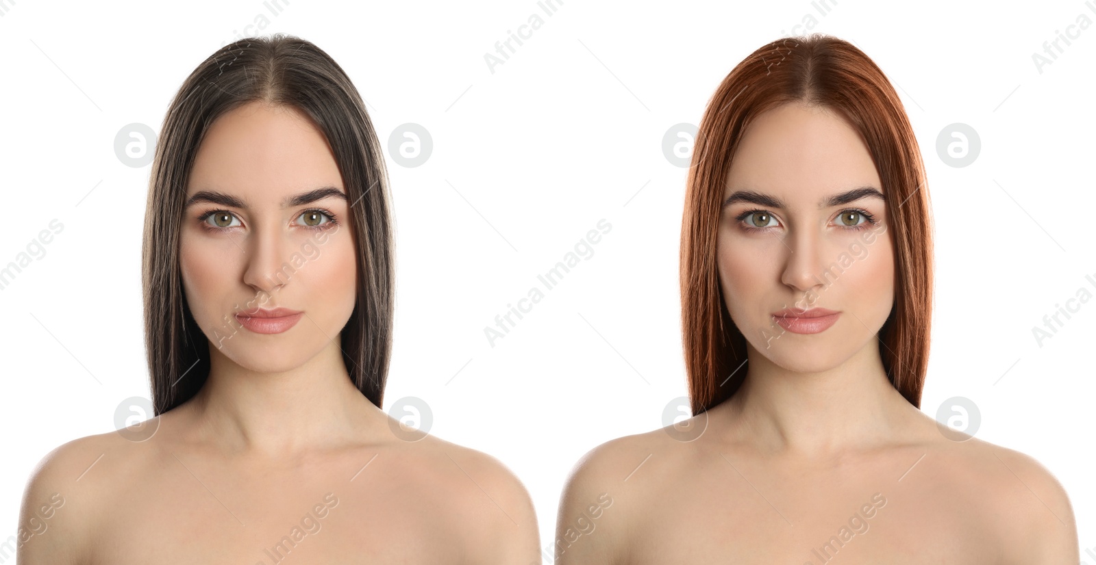 Image of Beautiful woman before and after hair coloring on white background 