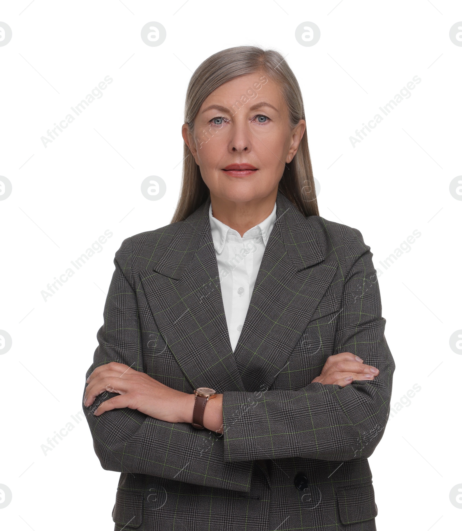 Photo of Portrait of beautiful woman with crossed arms on white background. Lawyer, businesswoman, accountant or manager