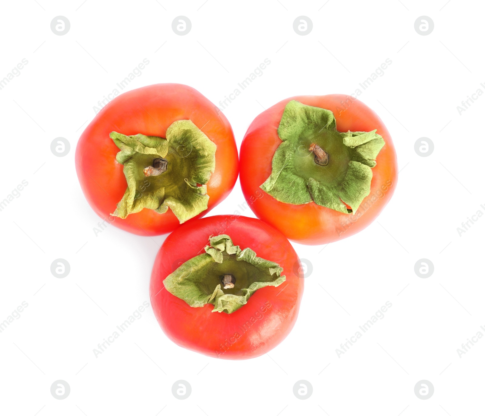 Photo of Delicious fresh ripe persimmons isolated on white, top view