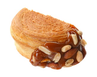 Photo of Half of round croissant with chocolate paste and nuts isolated on white. Tasty puff pastry