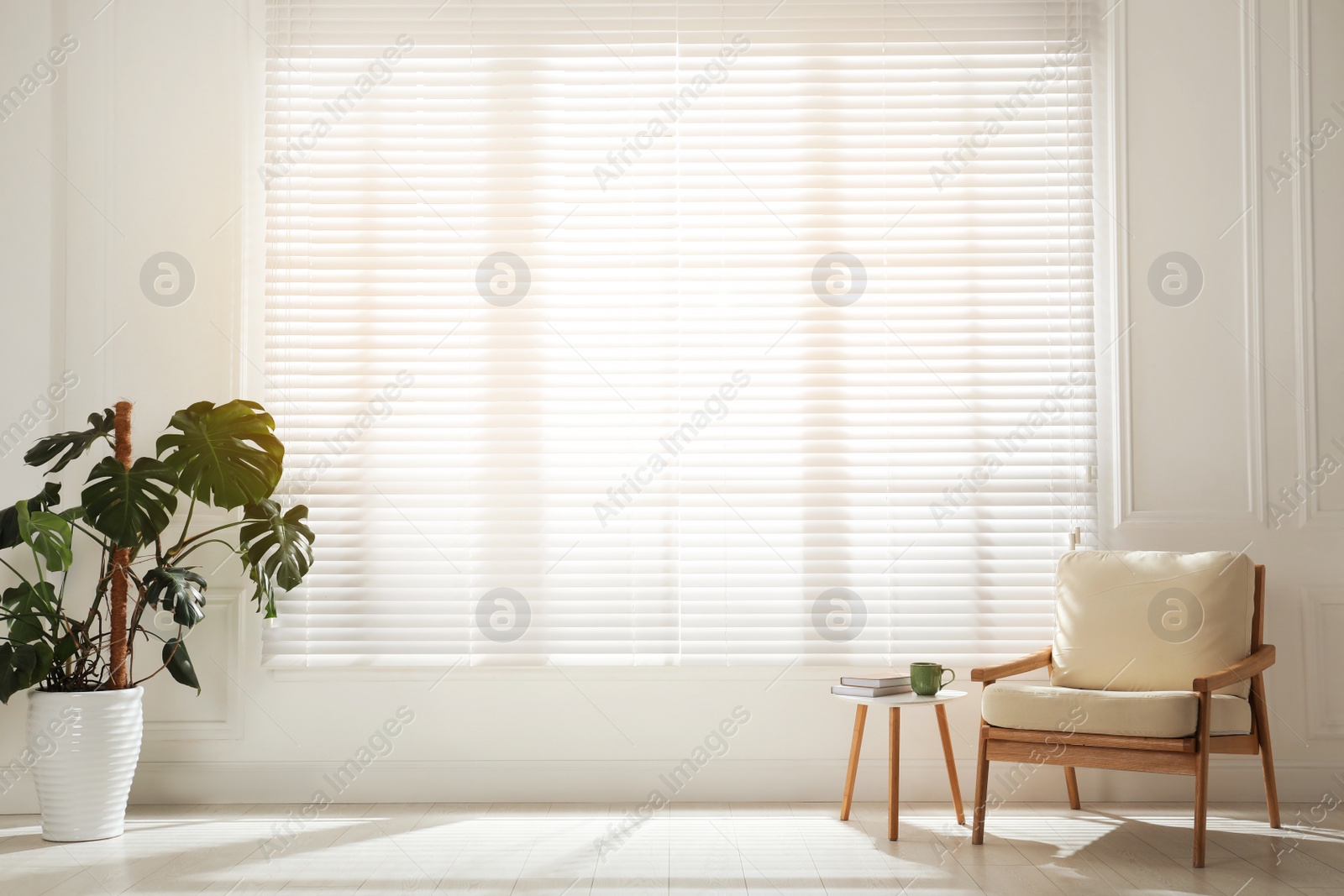 Photo of Cosy armchair and houseplant near large window with blinds in spacious room. Interior design