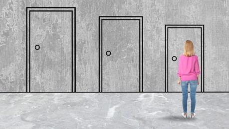 Image of Woman standing in front of drawn doors, back view. Banner design