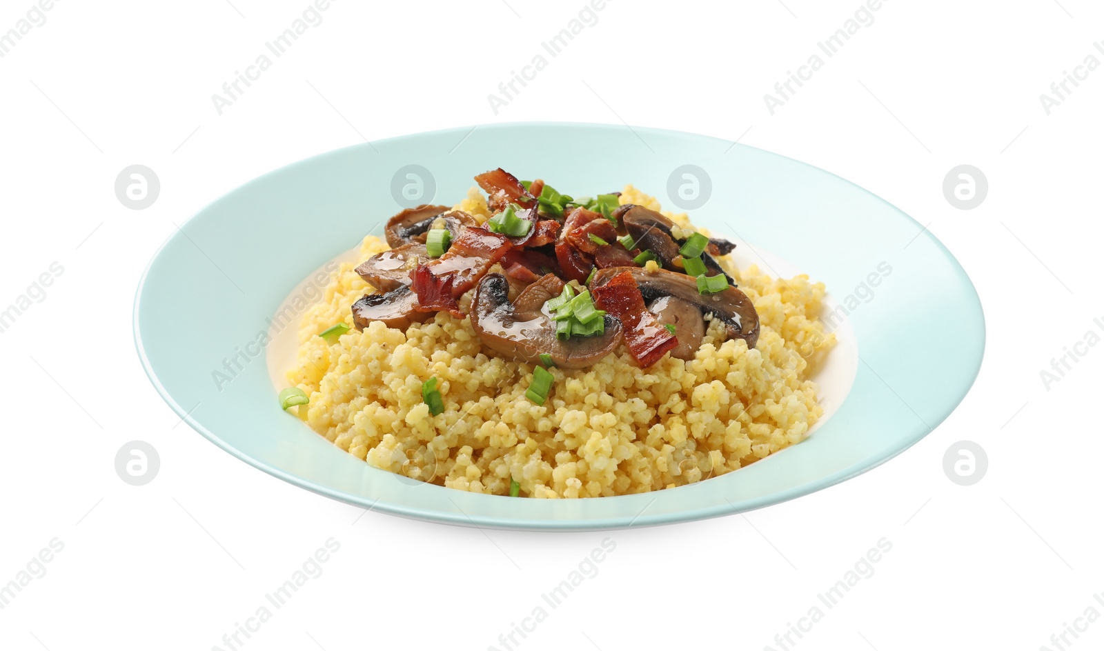 Photo of Tasty millet porridge with mushrooms, bacon and green onion isolated on white