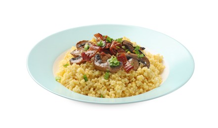 Photo of Tasty millet porridge with mushrooms, bacon and green onion isolated on white