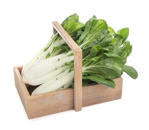 Photo of Fresh green pak choy cabbages in wooden crate on white background