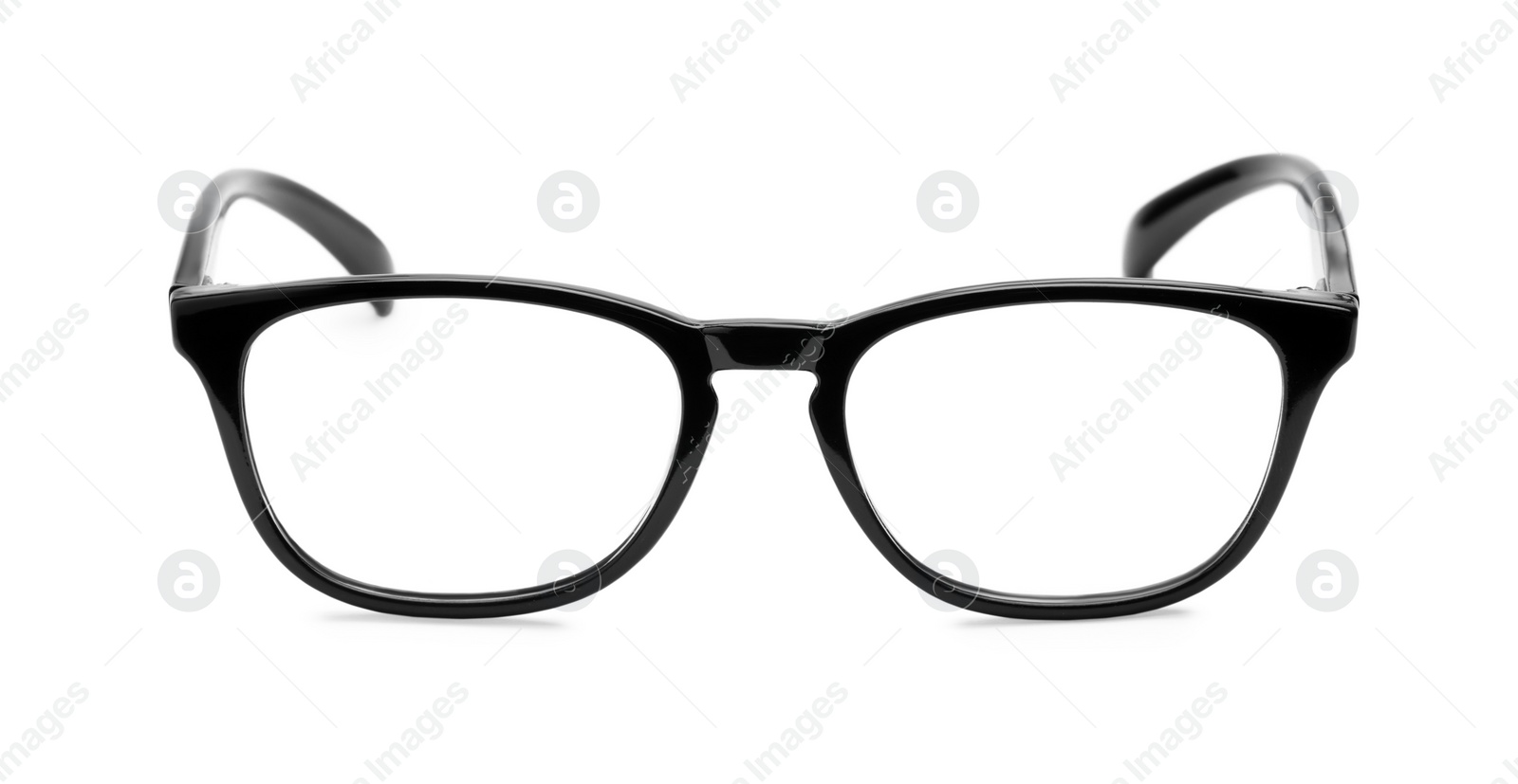 Photo of Stylish pair of glasses with black frame isolated on white