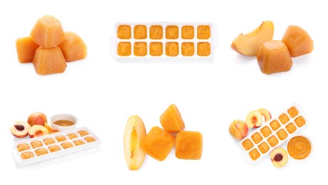 Set with different frozen puree in ice cube trays and ingredients on white background, banner design