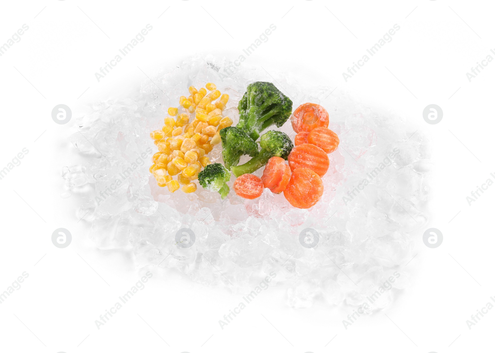 Photo of Mix of different frozen vegetables and ice isolated on white