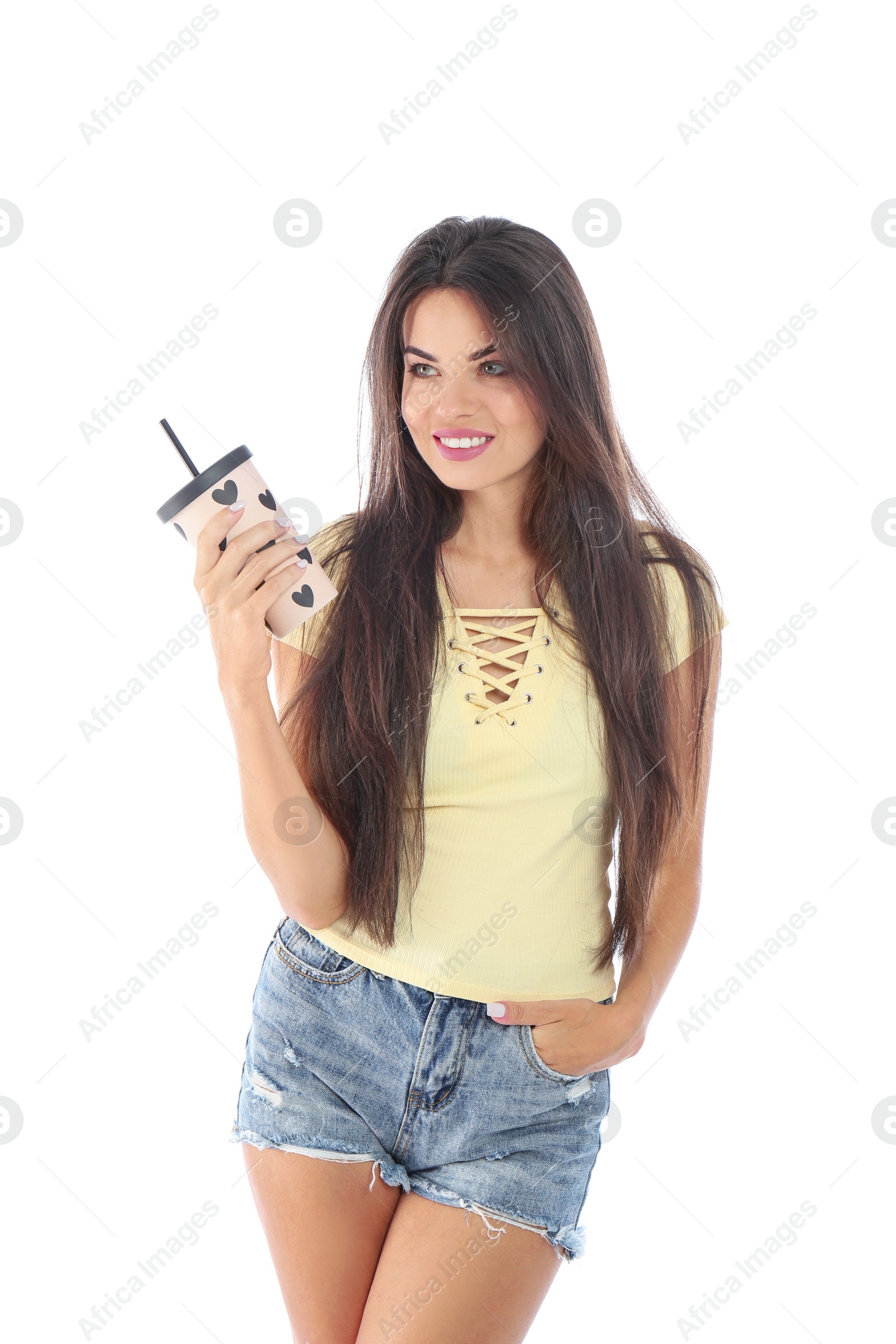 Photo of Beautiful woman with cup of coffee posing on white background