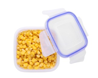 Photo of Plastic container with tasty corn kernels and lid isolated on white, top view