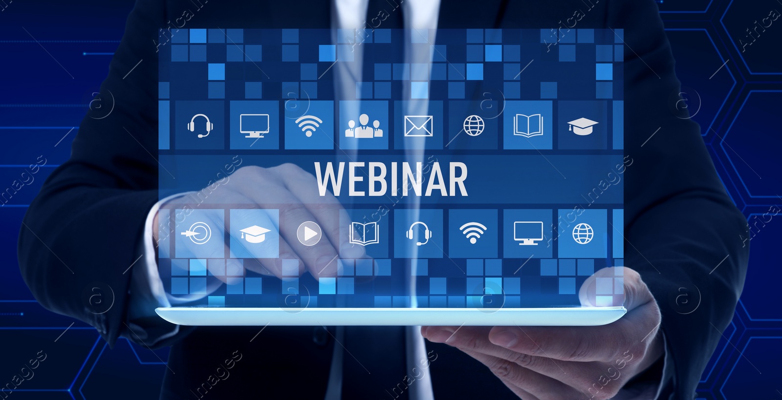 Image of Webinar, banner design. Man using tablet on dark blue background, closeup. Virtual screen with icons over device