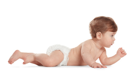 Cute little baby in diaper on white background