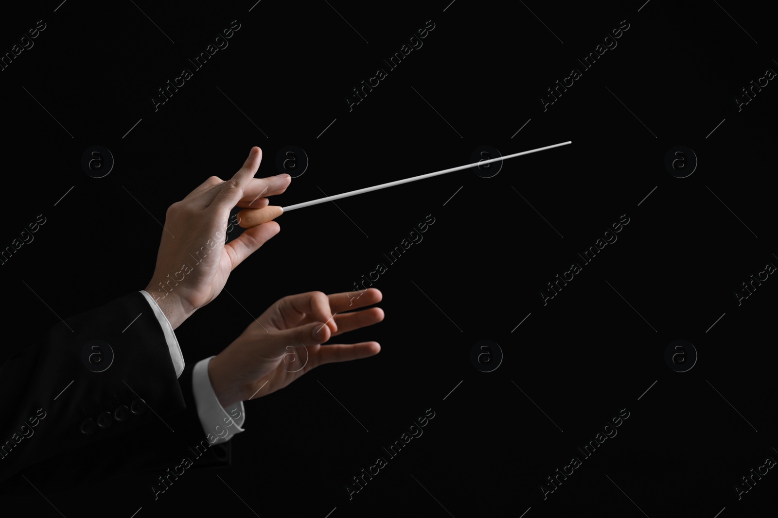 Photo of Professional conductor with baton on black background, closeup. Space for text