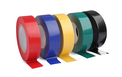 Colorful insulating tapes on white background. Electrician's supplies