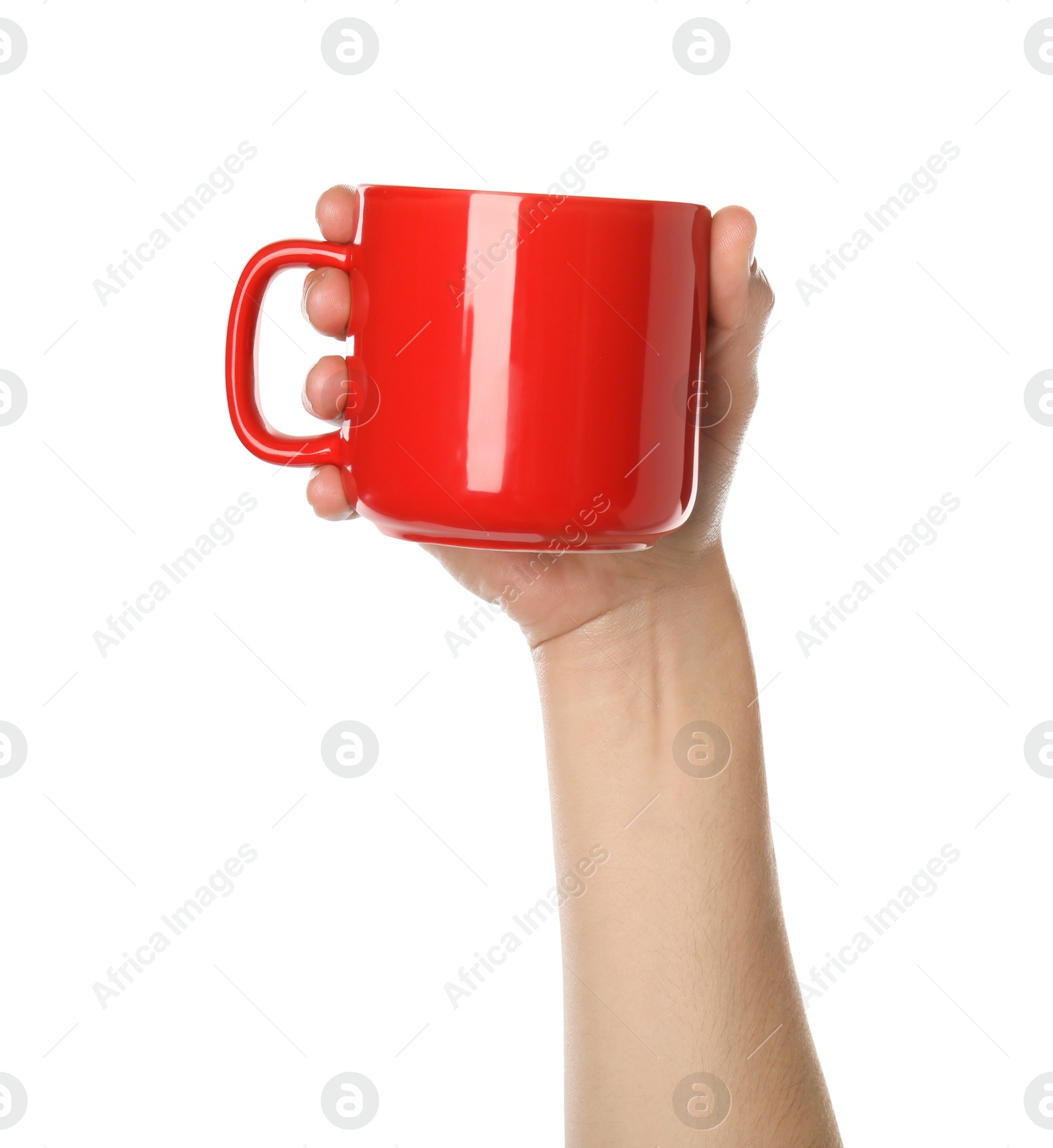 Photo of Woman holding red cup on white background, closeup