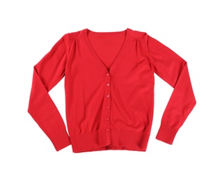 Photo of Red cardigan isolated on white, top view. Stylish school uniform