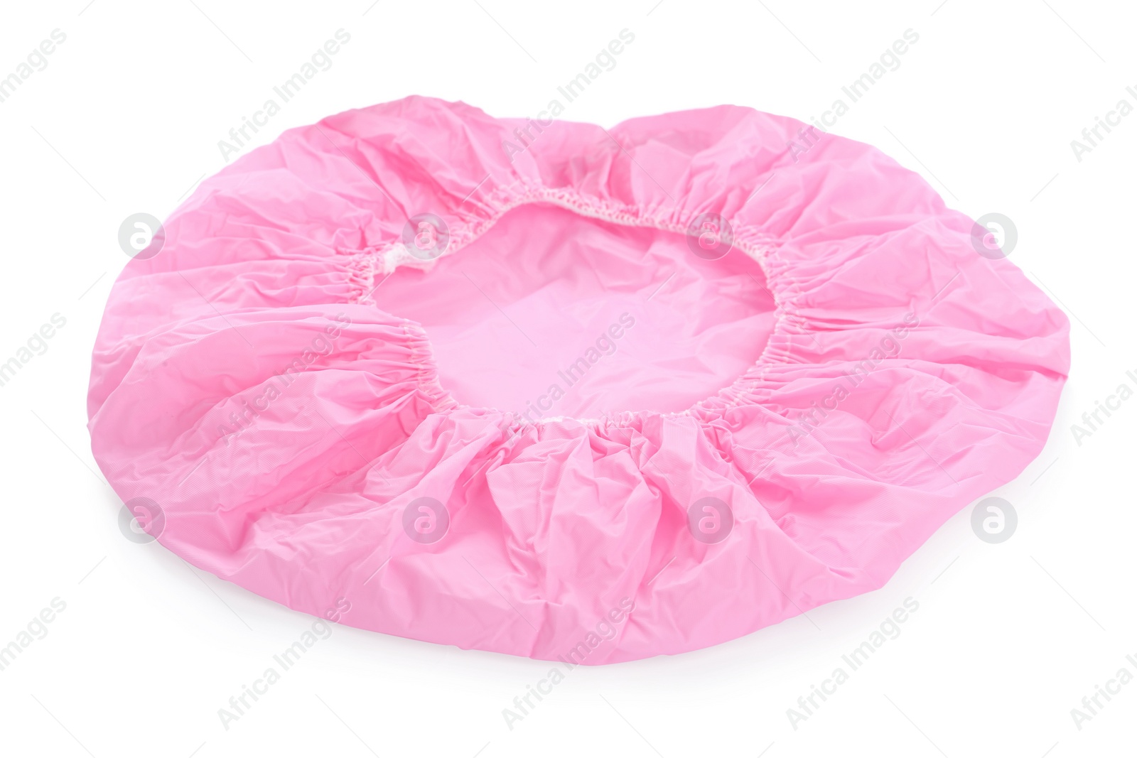 Photo of Pink waterproof shower cap isolated on white